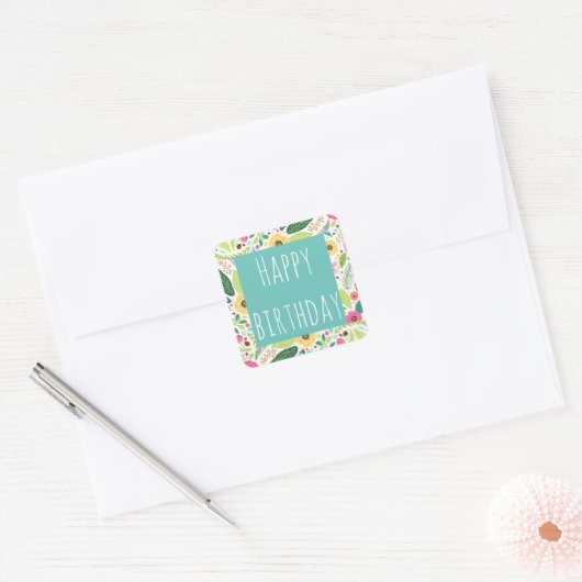 Autocollant Floral Joyeux d'anniversaire (Enveloppe)