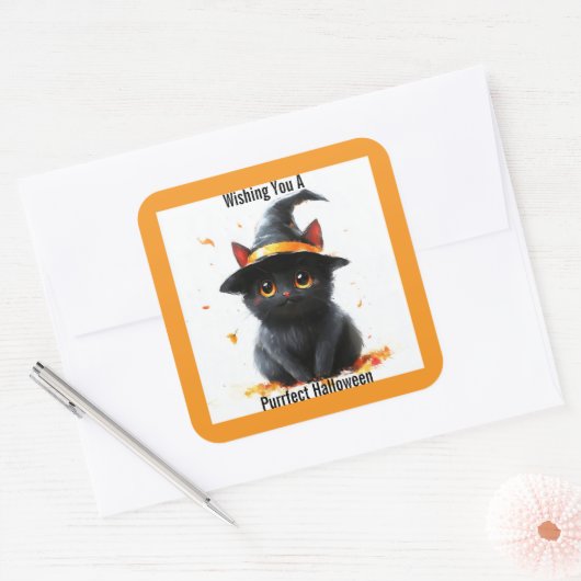 Autocollant Halloween sorcière chat noir (Enveloppe)