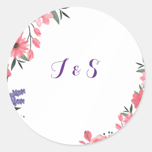 Autocollant Initial de Mariage Floral Lavande & Bl (Devant)