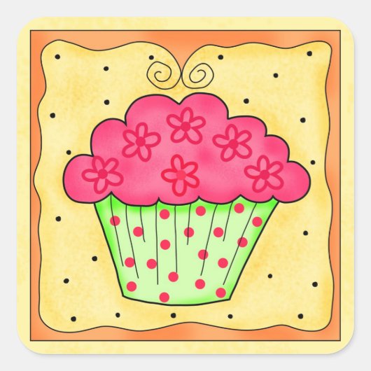 Autocollant jaune cupcake vert et rouge (Devant)