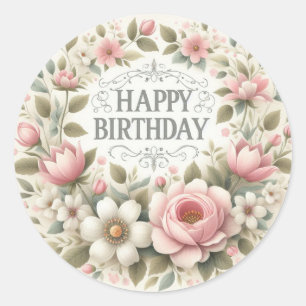 Autocollant Joyeux Anniversaire Fleurs Vintage