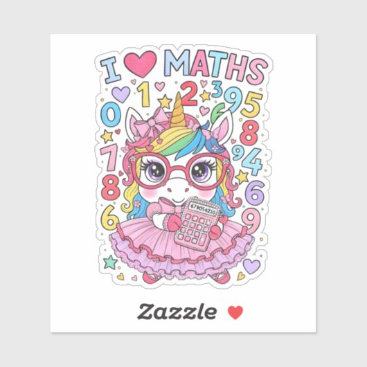 Autocollant Licorne Mignonne J'adore les Maths pou (Feuille)