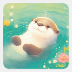 Autocollant Loutre Souriante Flottant dans un Étan