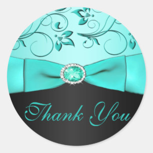Autocollant Mariage Aqua et Black Floral Merci