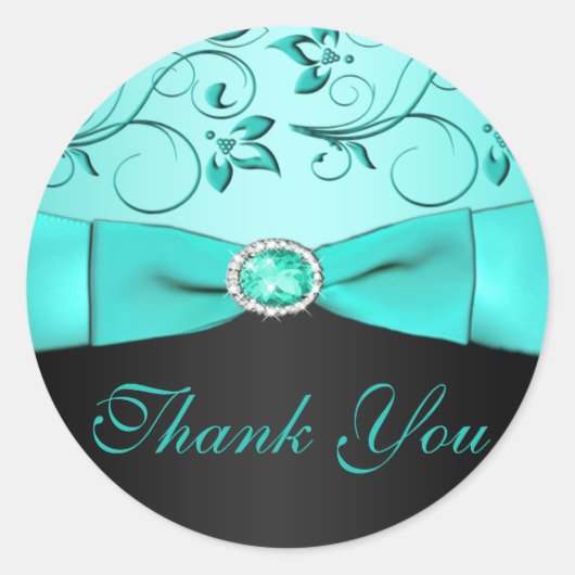 Autocollant Mariage Aqua et Black Floral Merci (Devant)