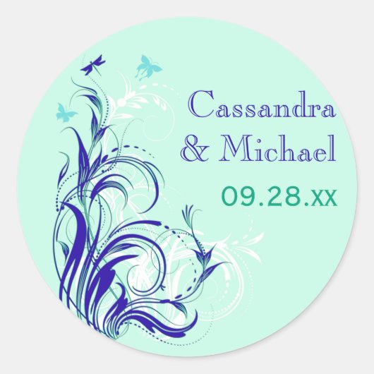 Autocollant Mariage bleu vert blanc Aqua Floral 1, (Devant)