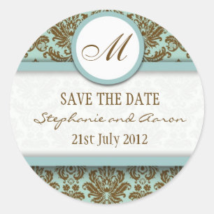 Autocollant Mariage Brown et bleu Damask Monogram