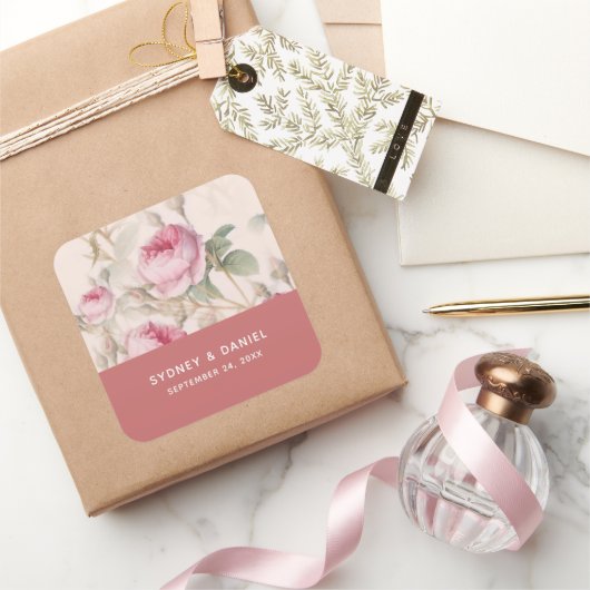 Autocollant Mariage Carré Rose vintage (Cadeaux)