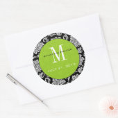 Autocollant Mariage de monogramme vert Damask noir (Enveloppe)