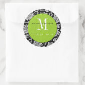 Autocollant Mariage de monogramme vert Damask noir (Sac)