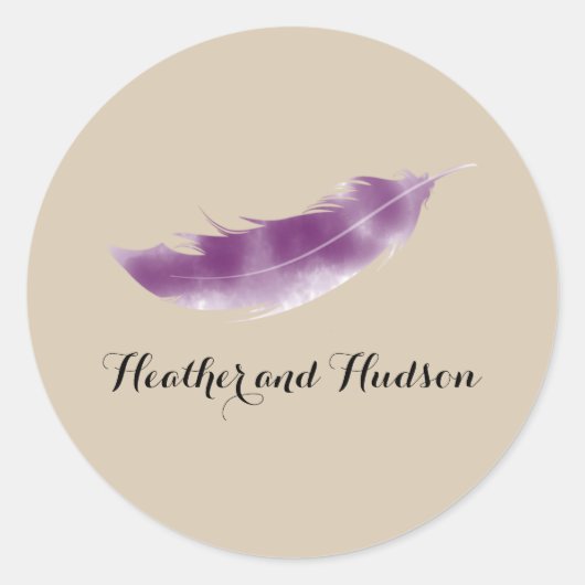 Autocollant Mariage de plume d'aquarelle violette (Devant)