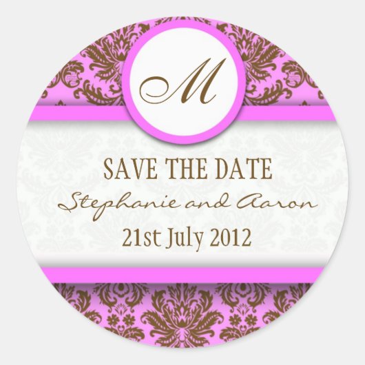 Autocollant Mariage Monogramme Brown et rose Damas (Devant)