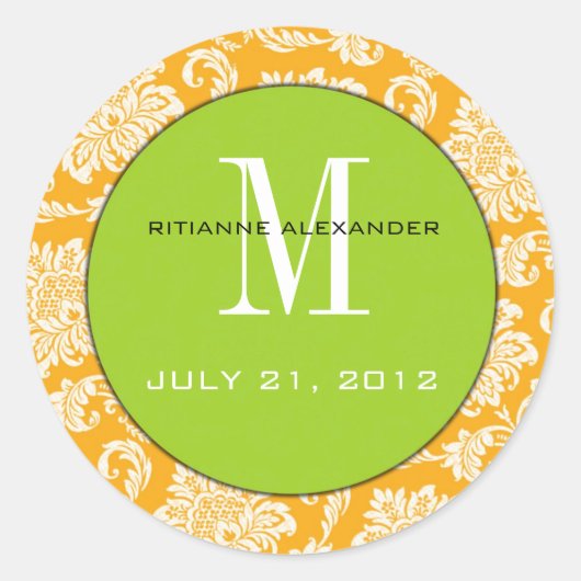 Autocollant Mariage Orange Damask Green Monogram (Devant)