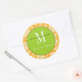 Autocollant Mariage Orange Damask Green Monogram (Enveloppe)