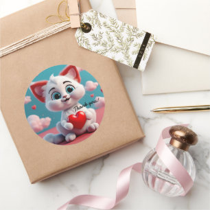 Autocollant Merci avec un adorable chaton et un cœ