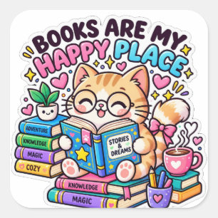 Autocollant Mignon Chat Kawaii Lisant un Livre - L