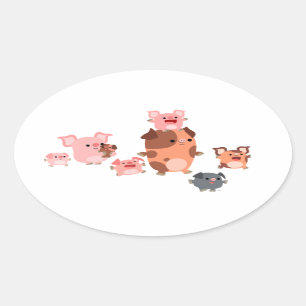 Autocollant mignon d'ovale de famille de porc de
