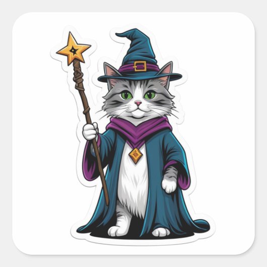 Autocollant Mini chat sorcier avec bâton magique (Devant)