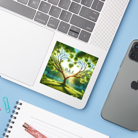 Autocollant Monogramme Mariage vert (Ordinateur portable avec iPhone)