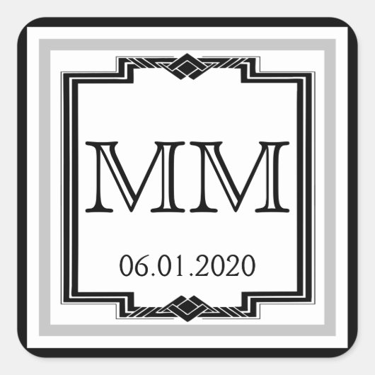 Autocollant Monogramme noir blanc Argent Art Déco (Devant)