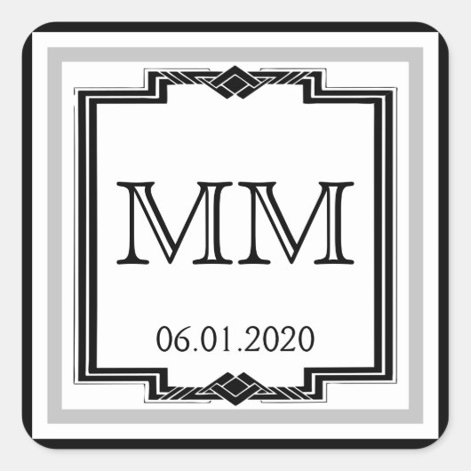 Autocollant Monogramme noir blanc Argent Art Déco (Devant)