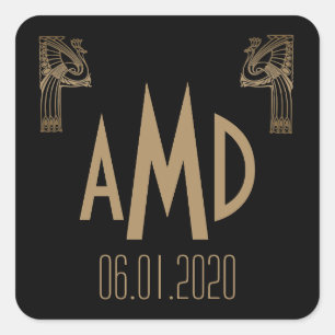 Autocollant Monogramme Peacock Art Déco Noir et Or