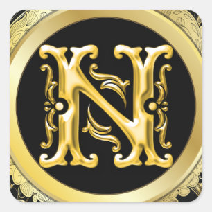 Autocollant N Carré initial en or