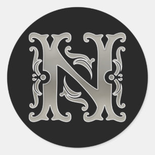 Autocollant N rond initial en argent