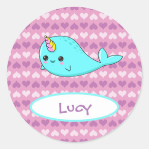 Autocollant nommé de Kawaii Narwhal Purple Heart