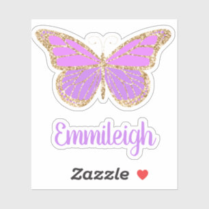 Autocollant papillon doré pailleté violet avec nom