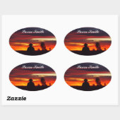 Autocollant photo ovale avec nom - coucher de sole (Feuille)