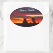 Autocollant photo ovale avec nom - coucher de sole (Sac)