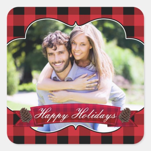 Autocollant photo Red Plaid & Pinecones Rustic Hol (Devant)