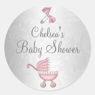 Autocollant pour Baby Shower Fille avec Poussette 
