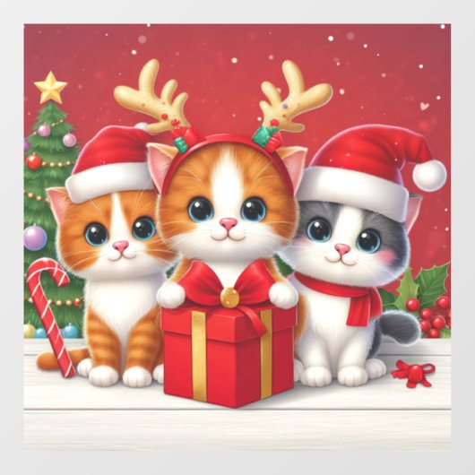 Autocollant Pour Fenêtre 3 mignons chats de Noël illustration (Feuille)