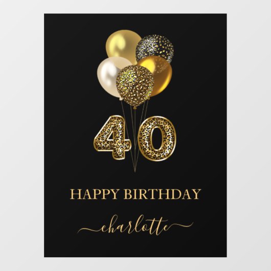 Autocollant Pour Fenêtre 40e anniversaire noir or léopard nom script (Feuille)