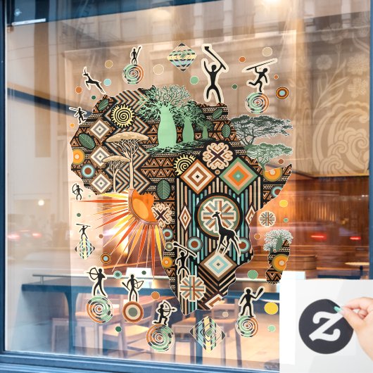 Autocollant Pour Fenêtre Africa Map Decorative Tribal Elements Pattern (Fenêtre de café)