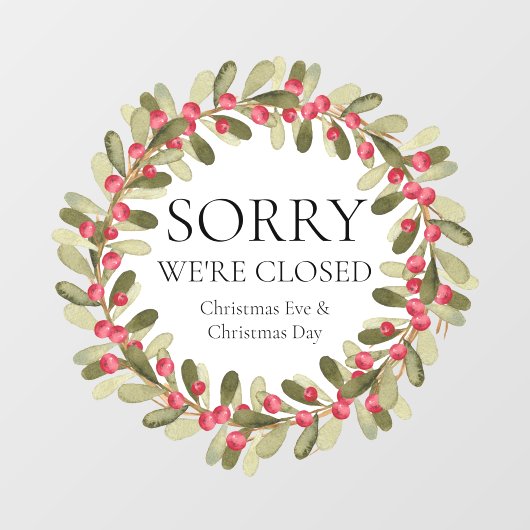 Autocollant Pour Fenêtre Aquarelle Holly Wreath Noël Nous sommes fermés (Feuille)