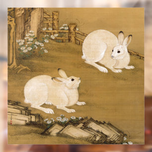 Autocollant Pour Fenêtre Art chinois vintage Deux lapins blancs peinture