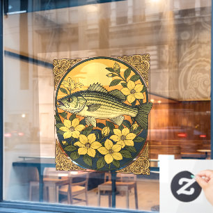 Autocollant Pour Fenêtre Basse Basse Écarté Poisson Rocheuse Et Fleurs Jaun