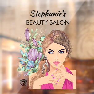 Autocollant Pour Fenêtre Beau Salon de Beauté Fille & Fleur Avec Code QR