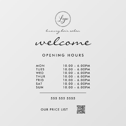 Autocollant Pour Fenêtre Bienvenue Heures d'ouverture Logo Code QR transpar (Feuille)