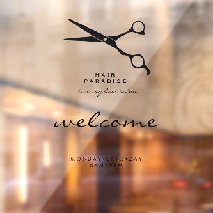 Autocollant Pour Fenêtre Bienvenue Heures d'ouverture Salon des cheveux tra