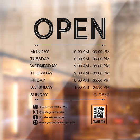 Autocollant Pour Fenêtre Black Clean Heures d'ouverture pratique Qr Code (Feuille 2)