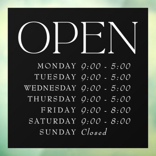 Autocollant Pour Fenêtre Black Elegant Serif Retail Ouvrir l'enseigne Heure (Feuille 3)
