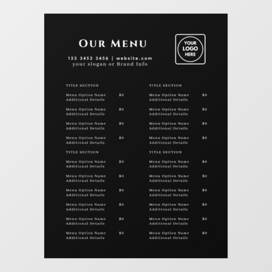 Autocollant Pour Fenêtre Black Menu | Logo de Café & Restaurant Personnalis (Feuille)