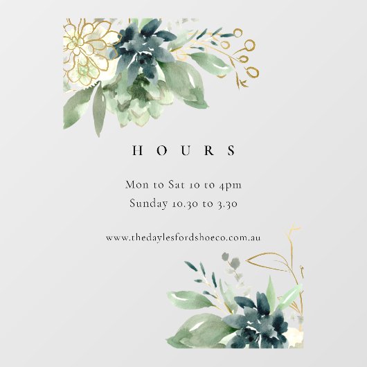 Autocollant Pour Fenêtre Bleu Vert Faune Succulente Heures d'ouverture (Feuille)