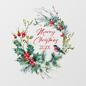 Autocollant Pour Fenêtre Bullfinch Wreath Berries de Noël, texte (Feuille)