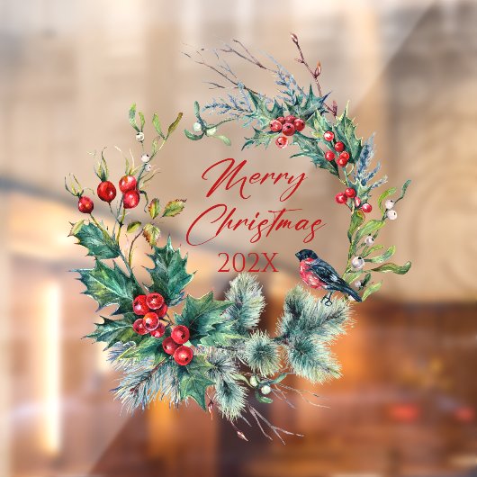Autocollant Pour Fenêtre Bullfinch Wreath Berries de Noël, texte (Feuille 2)