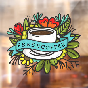 Autocollant Pour Fenêtre Café Frais Conception Florale Salon de Café